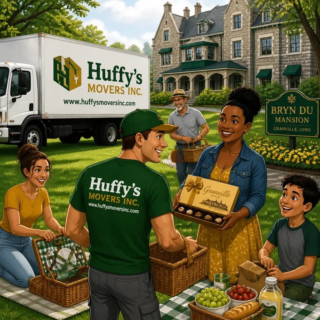 Huffy's Movers truck in a Granville setting with movers and a family enjoying a picnic