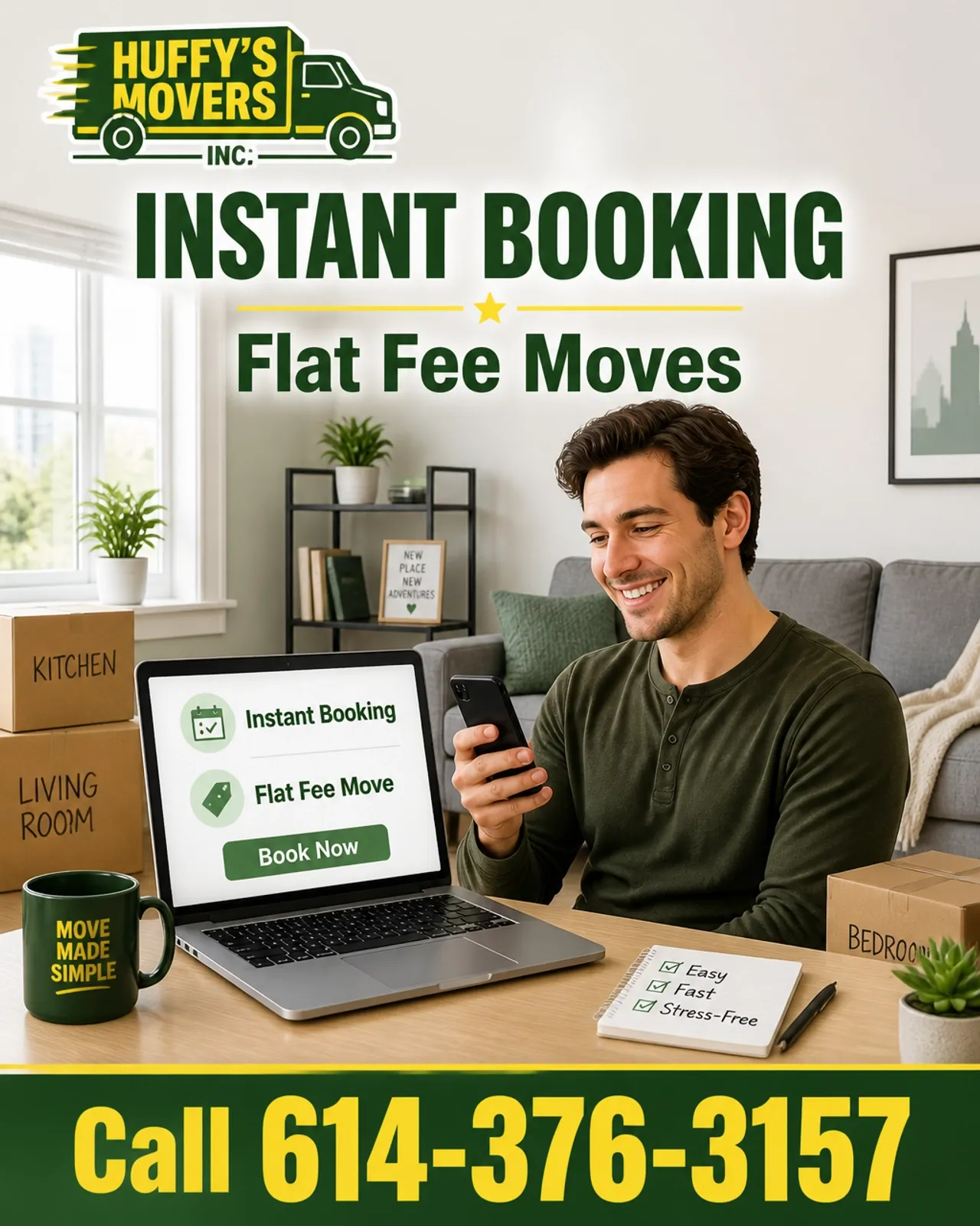 Instant Booking and Flat-Fee Moves promotional graphic showing a smiling customer using a phone beside labeled moving boxes and a laptop, with Huffy's Movers phone number 614-376-3157