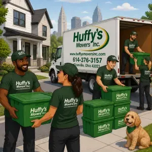 Huffy's Movers staff delivering reusable green moving boxes from a moving truck in the Columbus and Granville area