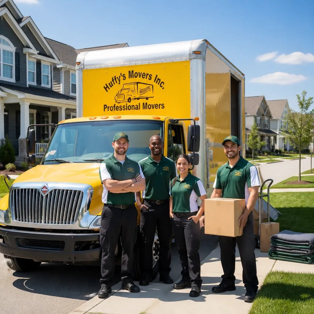 Huffy's Movers team beside a branded yellow truck providing residential junk removal service