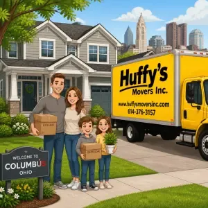 Huffy's Movers truck beside a family moving into a home in Columbus, Ohio