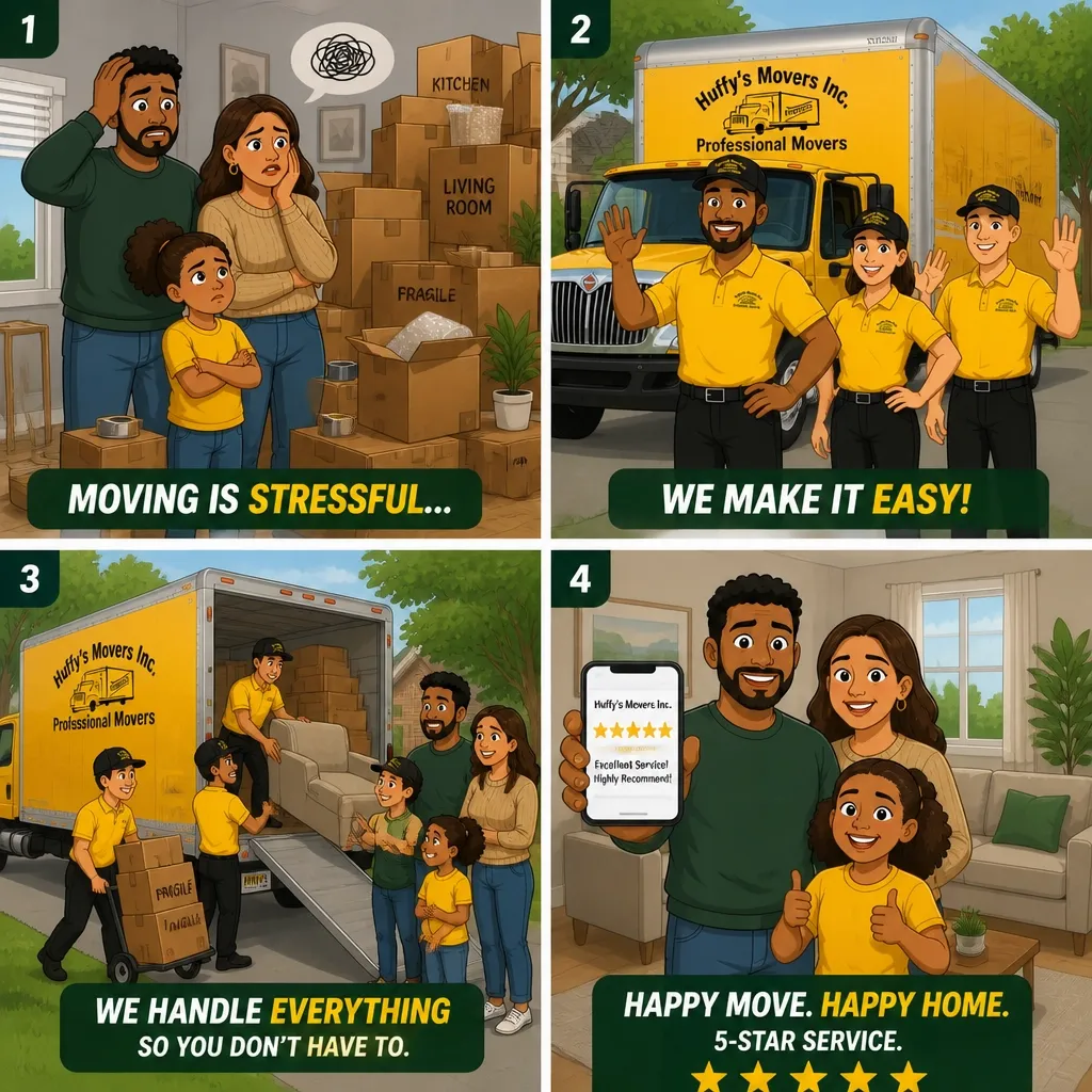 Huffy's Movers professional moving team loading and unloading a truck, helping customers enjoy a stress-free move and happy home