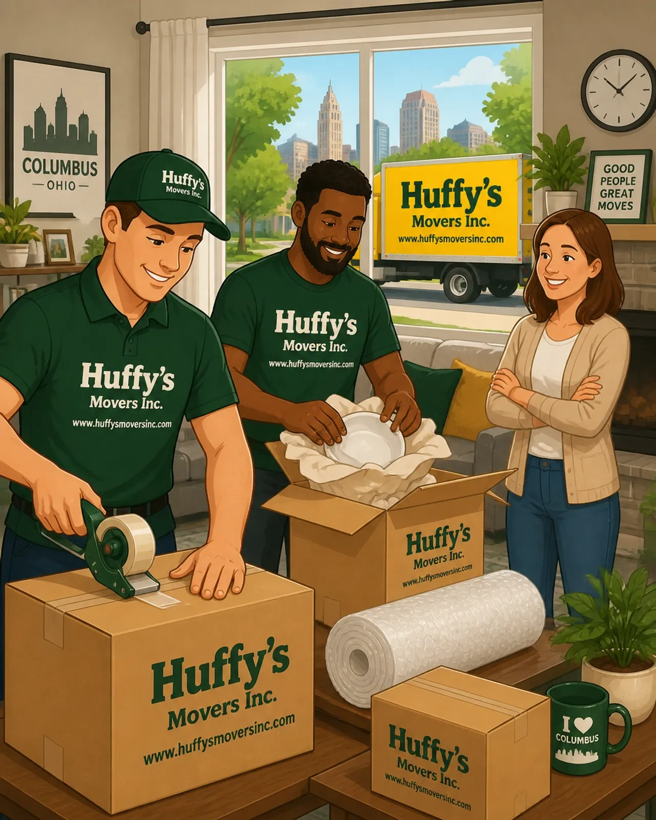 Huffy's Movers professionals carefully packing and protecting household items in labeled boxes