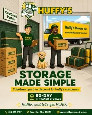 Huffy's Movers in-transit storage with moving boxes secured in a truck for the Granville/Columbus area