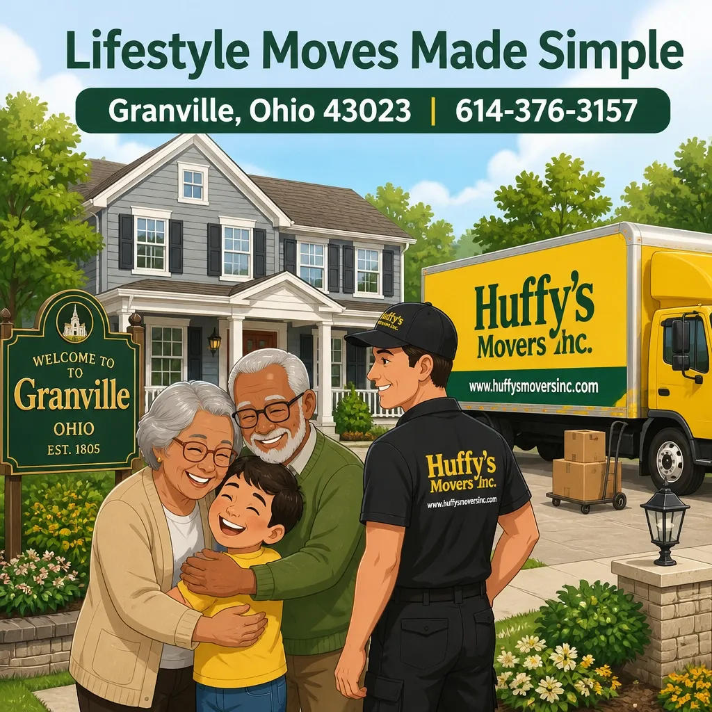 Illustrated scene with the headline 'Lifestyle Moves Made Simple,' showing a Huffy's Movers crew member greeting a multigenerational family outside a Granville, Ohio home beside a yellow moving truck and Welcome to Granville sign under a blue sky