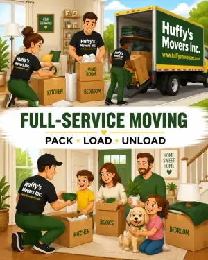 Huffy's Movers crew loading labeled moving boxes beside a Huffy's Movers truck during a full-service move